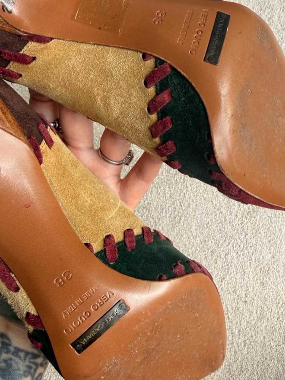90s Dolce & Gabbana Multicolor Suede Patchwork Pointed-Toe Pumps - Women's 7.5 - Picture 6 of 8